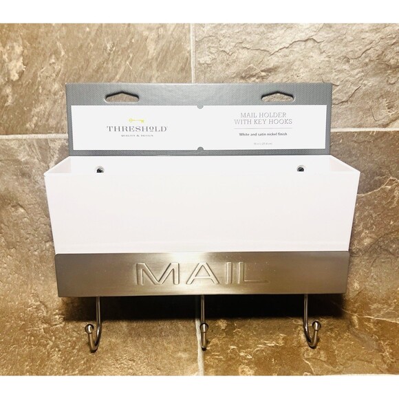 Threshold Classic Mail Holder w/Key Hooks- White/Satin Nickel NEW - Picture 3 of 5